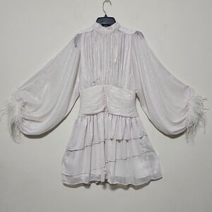 A Loves A Womens Dress Ruched XS White Silver Shimmer Long Sleeves Mock Neck 858